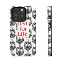 Load image into Gallery viewer, Phone Case in White with the DST Crest in Black and DST for Life in Red
