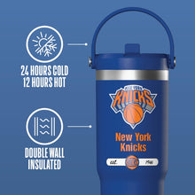 Load image into Gallery viewer, Hydrapeak NBA Officially Licensed New York Knicks Nomad 32oz Insulated Stainless Steel Leakproof Travel Tumbler with Flexible Grip Handle, Straw Lid &amp; Cupholder Friendly
