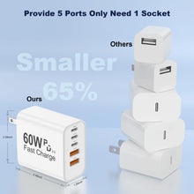 Load image into Gallery viewer, USB C Charger Block, 5 in 1 Single 25W Max iPhone Charger, PD 3.0 60W Charging Blocks, QC 2A USB Wall Charger for iPhone 17 16 15 14 13 12 Pro Max, iPad, iPod, Samsung, AirPods Pro, Apple Watch Series
