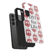 Load image into Gallery viewer, Phone Case in White with DST Crest in Red and DST for Life in Black
