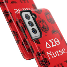 Load image into Gallery viewer, Phone Case in Red with DST Crest in Black with DST Nurse Theme
