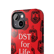 Load image into Gallery viewer, Phone Case in Red with DST Crest in Black with DST for Life in White
