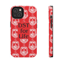 Load image into Gallery viewer, Phone Case in Red with DST Crest in White and DST for Life in Black
