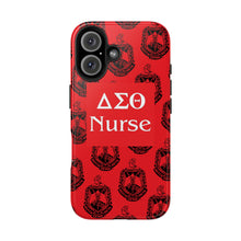 Load image into Gallery viewer, Phone Case in Red with DST Crest in Black with DST Nurse Theme
