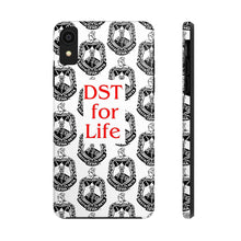 Load image into Gallery viewer, Phone Case in White with the DST Crest in Black and DST for Life in Red
