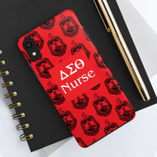 Load image into Gallery viewer, Phone Case in Red with DST Crest in Black with DST Nurse Theme
