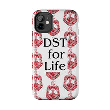 Load image into Gallery viewer, Phone Case in White with DST Crest in Red and DST for Life in Black
