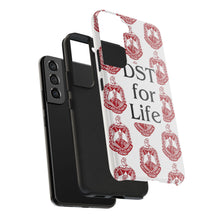 Load image into Gallery viewer, Phone Case in White with DST Crest in Red and DST for Life in Black
