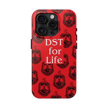 Load image into Gallery viewer, Phone Case in Red with DST Crest in Black with DST for Life in White
