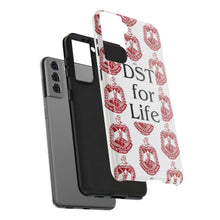 Load image into Gallery viewer, Phone Case in White with DST Crest in Red and DST for Life in Black
