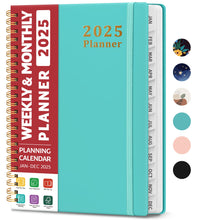 Load image into Gallery viewer, 2025 Planner - Weekly and Monthly Planner Spiral Bound, January 2025 - December 2025, Hardcover 2025 Calendar Planner Book with Tabs, Inner Pocket, Perfect for Office Home School Supplies - A5 (6.3&quot; x 8.5&quot;), Aquamarine
