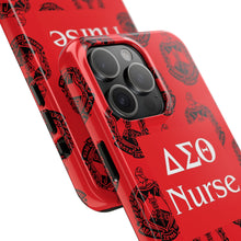 Load image into Gallery viewer, Phone Case in Red with DST Crest in Black with DST Nurse Theme
