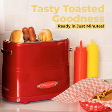 Load image into Gallery viewer, Nostalgia 2 Slot Hot Dog and Bun Toaster with Mini Tongs, Retro Toaster, Cooker that Works Chicken, Turkey, Veggie Links, Sausages Brats, Metallic Red
