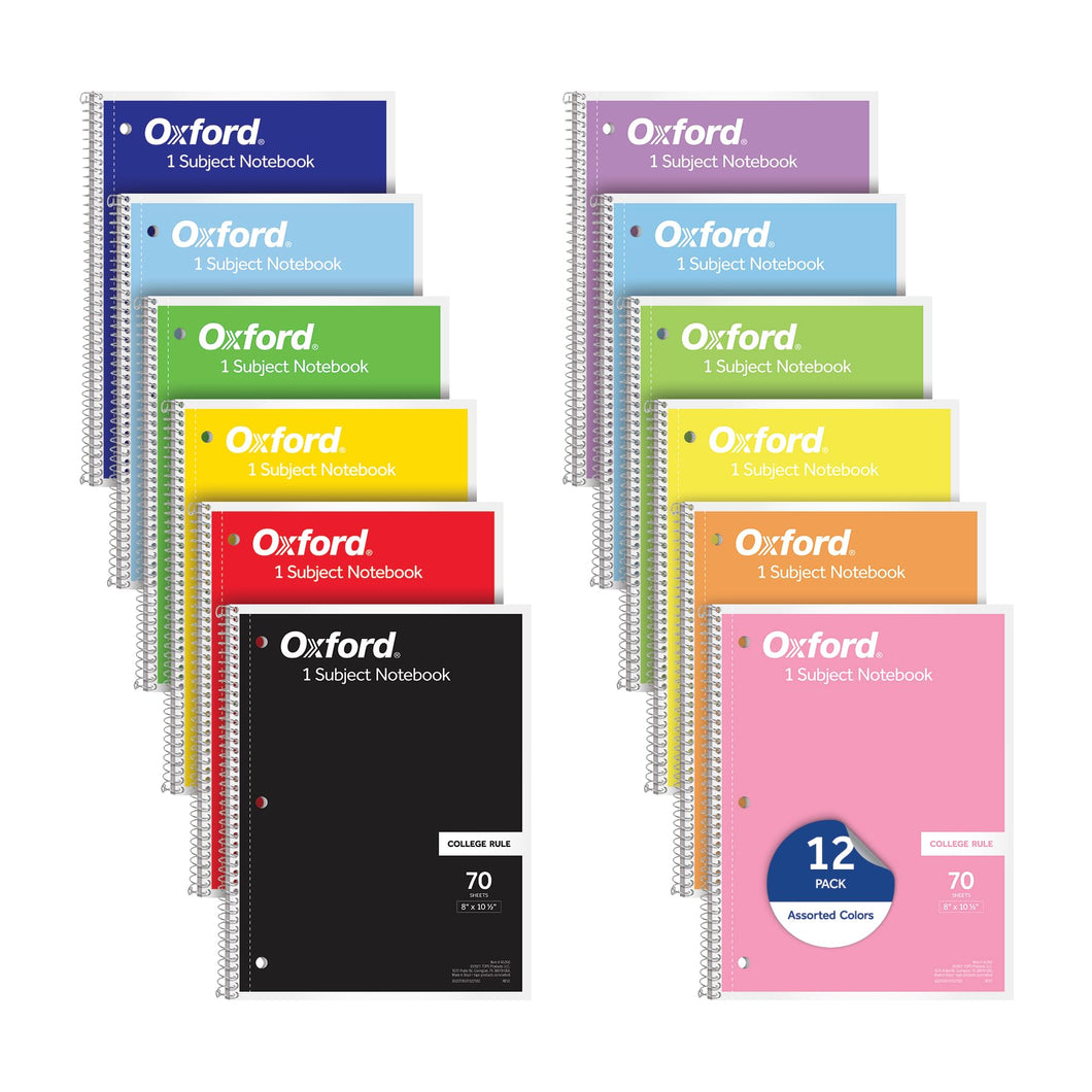Oxford Spiral Notebook 12 Pack, Bulk College Ruled Spiral Notebooks for School, 1 Subject Writing Journal, College Ruled Paper, 8 x 10-1/2 Inches, Color Assortment May Vary, 70 Lined Sheets (65205)