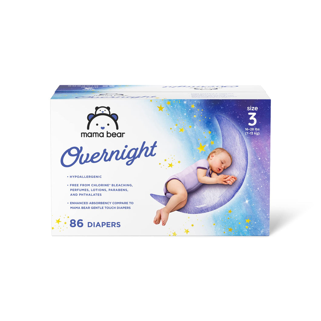 Amazon Brand - Mama Bear Disposable Overnight Baby Diapers, Hypoallergenic, Night Time Protection, Size 3 (86 count), White