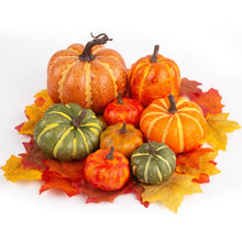 Load image into Gallery viewer, DomeStar 38pcs Fall Pumpkins Decor Set, Fake Pumpkins 8pcs Assorted Pumpkins with 30pcs Artificial Maple Leaves, Fall Harvest Centerpieces for Tables Thanksgiving Halloween Decorations
