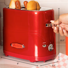 Load image into Gallery viewer, Nostalgia 2 Slot Hot Dog and Bun Toaster with Mini Tongs, Retro Toaster, Cooker that Works Chicken, Turkey, Veggie Links, Sausages Brats, Metallic Red
