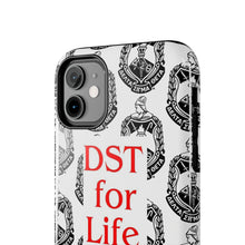 Load image into Gallery viewer, Phone Case in White with the DST Crest in Black and DST for Life in Red
