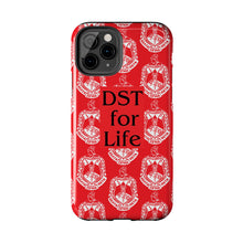 Load image into Gallery viewer, Phone Case in Red with DST Crest in White and DST for Life in Black
