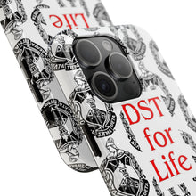 Load image into Gallery viewer, Phone Case in White with the DST Crest in Black and DST for Life in Red
