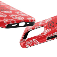 Load image into Gallery viewer, Phone Case in Red with DST Crest in White and DST for Life in Black
