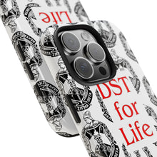 Load image into Gallery viewer, Phone Case in White with the DST Crest in Black and DST for Life in Red
