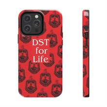 Load image into Gallery viewer, Phone Case in Red with DST Crest in Black with DST for Life in White
