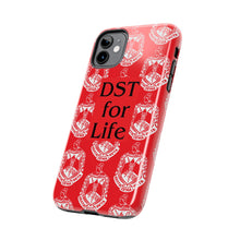 Load image into Gallery viewer, Phone Case in Red with DST Crest in White and DST for Life in Black
