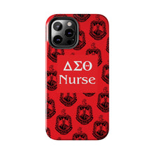 Load image into Gallery viewer, Phone Case in Red with DST Crest in Black with DST Nurse Theme
