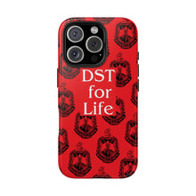 Load image into Gallery viewer, Phone Case in Red with DST Crest in Black with DST for Life in White
