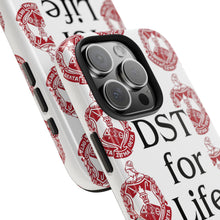 Load image into Gallery viewer, Phone Case in White with DST Crest in Red and DST for Life in Black
