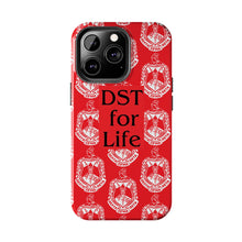 Load image into Gallery viewer, Phone Case in Red with DST Crest in White and DST for Life in Black
