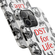 Load image into Gallery viewer, Phone Case in White with the DST Crest in Black and DST for Life in Red
