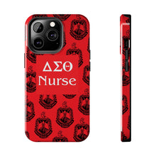 Load image into Gallery viewer, Phone Case in Red with DST Crest in Black with DST Nurse Theme
