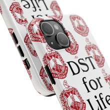 Load image into Gallery viewer, Phone Case in White with DST Crest in Red and DST for Life in Black
