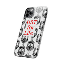 Load image into Gallery viewer, Phone Case in White with the DST Crest in Black and DST for Life in Red
