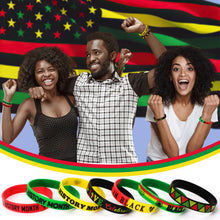 Load image into Gallery viewer, JUNEBRUSHS 42pcs Happy Black History Month Party Favors Silicone Bracelets Rubber Wristbands Accessories for Kids Adults African American Freedom Day Patriotic Party Decorations Gift Bag Fillers
