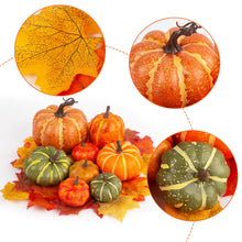 Load image into Gallery viewer, DomeStar 38pcs Fall Pumpkins Decor Set, Fake Pumpkins 8pcs Assorted Pumpkins with 30pcs Artificial Maple Leaves, Fall Harvest Centerpieces for Tables Thanksgiving Halloween Decorations
