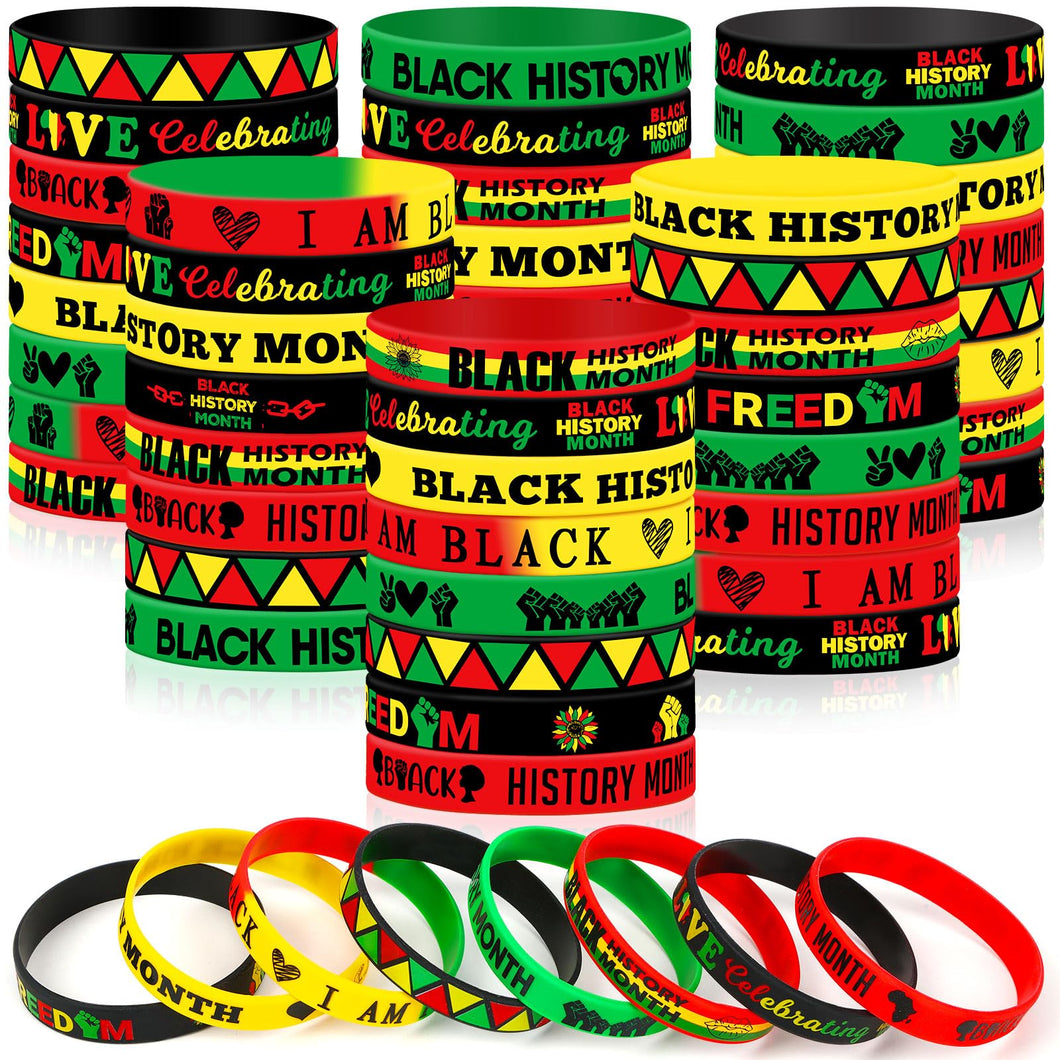 JUNEBRUSHS 64Pcs Happy Black History Month Party Favors Freedom Day Silicone Rubber Wristbands Bracelets for Party Supplies Decorations Goodie Bag Stuff Fillers Accessories(8 Designs)