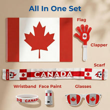 Load image into Gallery viewer, Canada 2026 World Cup Fan Kit, 6 Pcs Cheering Set for Game Day Watch Party – Flag, Fan Scarf, Wristband, Flag Glasses, Hand Clapper, Blendable Face Paint Sticks
