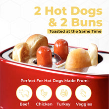 Load image into Gallery viewer, Nostalgia 2 Slot Hot Dog and Bun Toaster with Mini Tongs, Retro Toaster, Cooker that Works Chicken, Turkey, Veggie Links, Sausages Brats, Metallic Red
