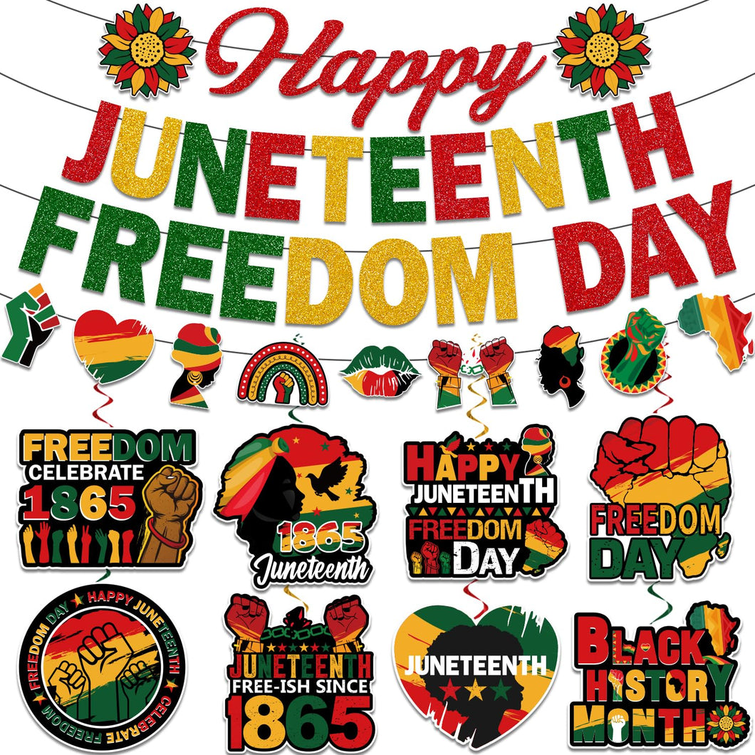 Juneteenth Decorations, NO-DIY Juneteenth Party Supplies Includes Banner and Hanging Swirls, Freedom Day Juneteenth Banner Decorations for Juneteenth Party