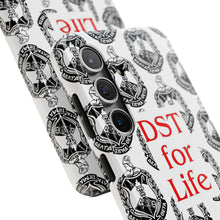 Load image into Gallery viewer, Phone Case in White with the DST Crest in Black and DST for Life in Red
