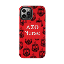 Load image into Gallery viewer, Phone Case in Red with DST Crest in Black with DST Nurse Theme
