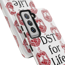 Load image into Gallery viewer, Phone Case in White with DST Crest in Red and DST for Life in Black
