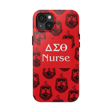 Load image into Gallery viewer, Phone Case in Red with DST Crest in Black with DST Nurse Theme
