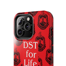 Load image into Gallery viewer, Phone Case in Red with DST Crest in Black with DST for Life in White
