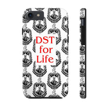 Load image into Gallery viewer, Phone Case in White with the DST Crest in Black and DST for Life in Red
