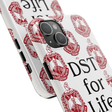 Load image into Gallery viewer, Phone Case in White with DST Crest in Red and DST for Life in Black
