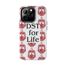 Load image into Gallery viewer, Phone Case in White with DST Crest in Red and DST for Life in Black
